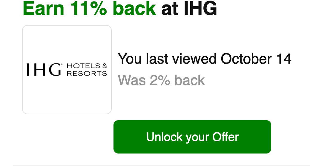 A Capital One Shopping email offering 11% back at IHG, with an Unlock your Offer button.