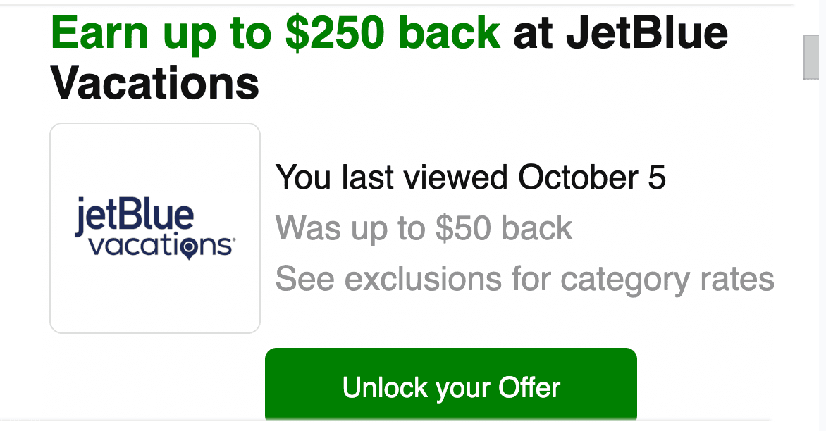 A Capital One Shopping email offering up to $250 back at JetBlue Vacations, with an Unlock your Offer button.