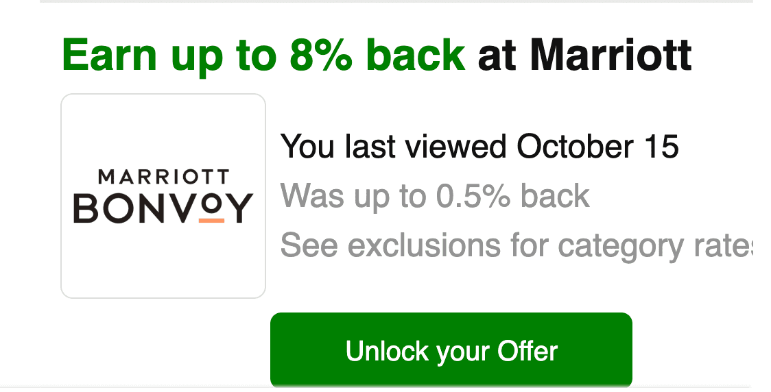 A Capital One Shopping email offering up to 8% back at Marriott, with an Unlock your Offer button.