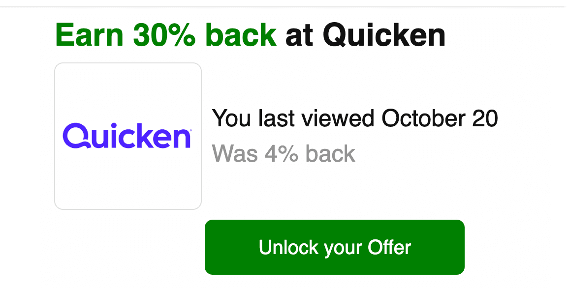 A Capital One Shopping email with the headline Earn 30% back at Quicken and an Unlock your Offer button.