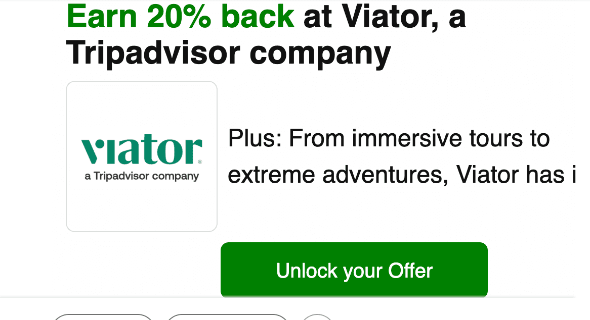 A Capital One Shopping email offering 20% back at Viator.