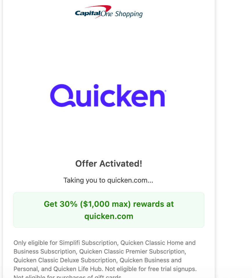 A Capital One Shopping page reading Offer Activated and Taking you to quicken.com, with a list of exclusions below.
