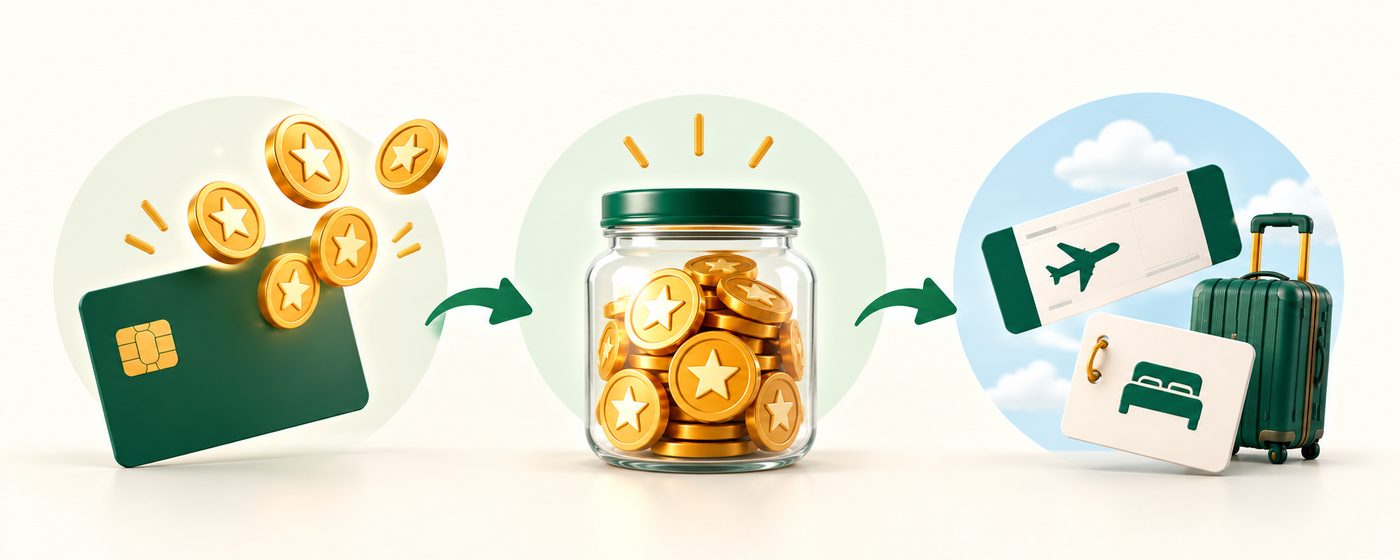 A credit card earning coins, the coins saved in a jar, then a boarding pass and suitcase for a trip