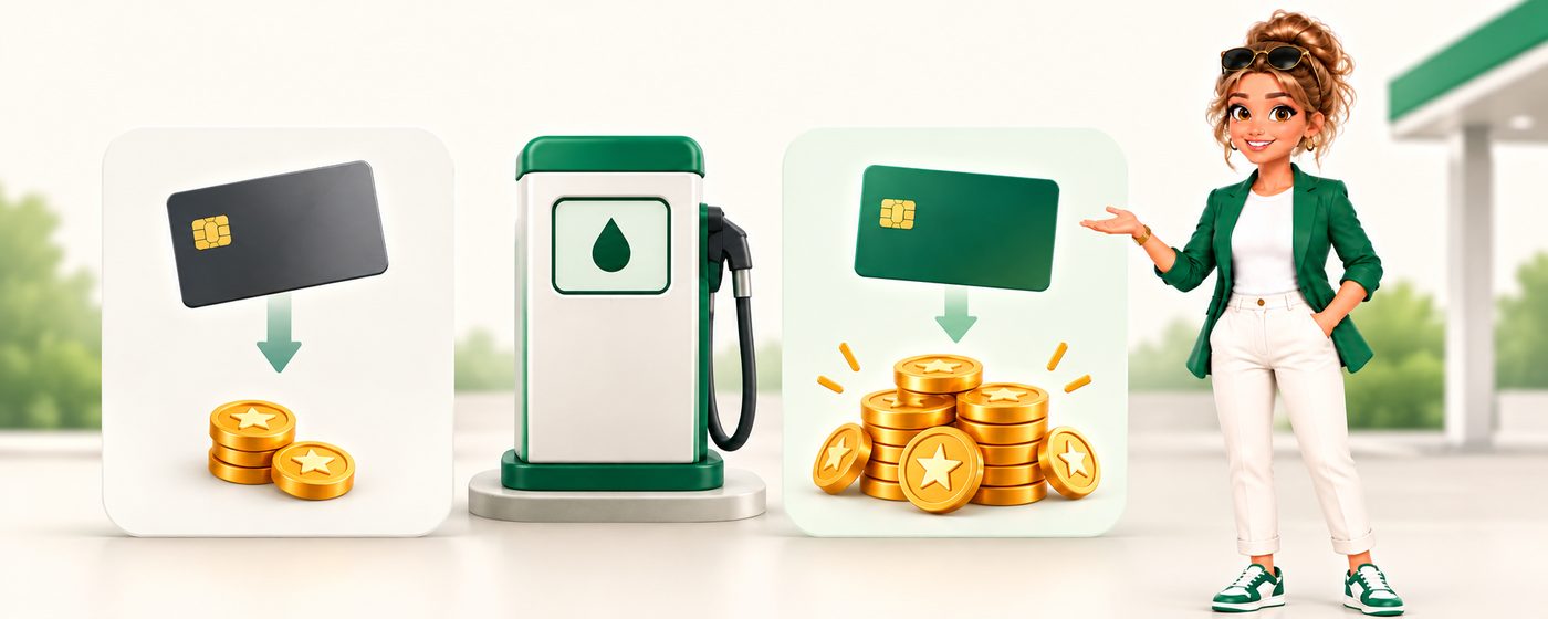The same trip to the gas pump: a regular card earns a small stack of coins, a card with extra points on gas earns a much bigger stack