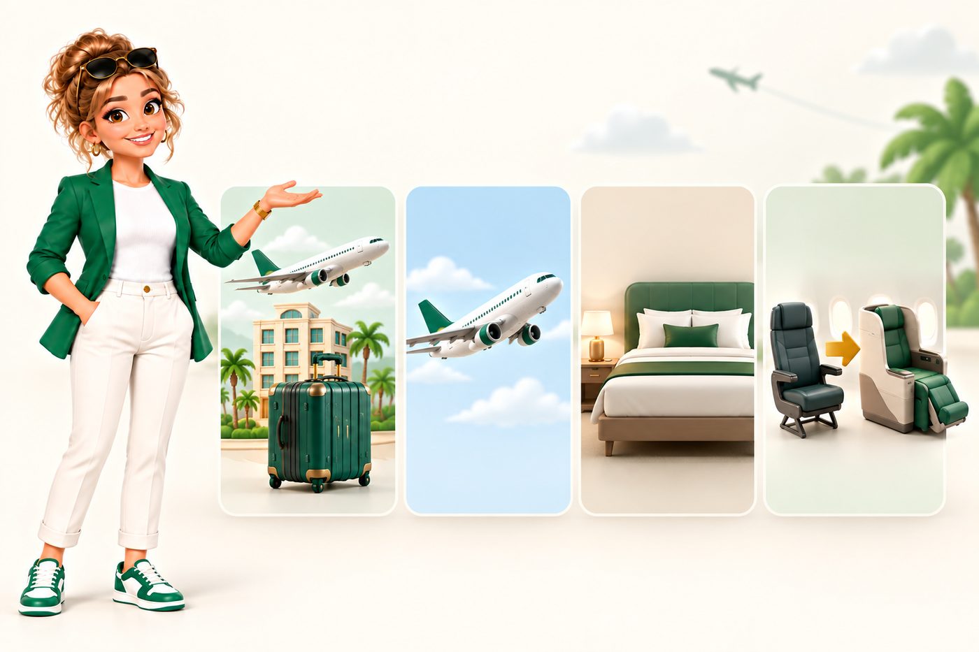The mascot presenting four tiles: a whole trip with hotel and suitcase, a flight, a hotel room, and a seat upgrade