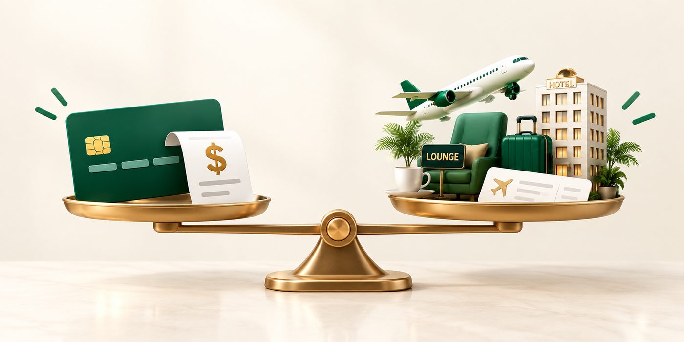 A balance scale with a credit card and a fee receipt on one side, and travel perks like a flight, a hotel and a lounge on the other