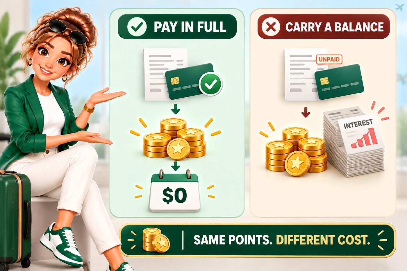Pay in full: a paid statement, gold points and a zero dollar interest calendar. Carry a balance: an unpaid statement, the same gold points and a growing interest bill. Same points, different cost.
