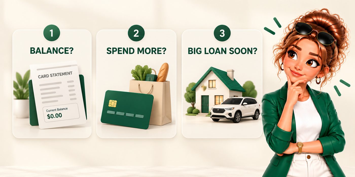 Three checks: a card statement, a card and a shopping bag, and a house with a car, with the mascot thinking beside them