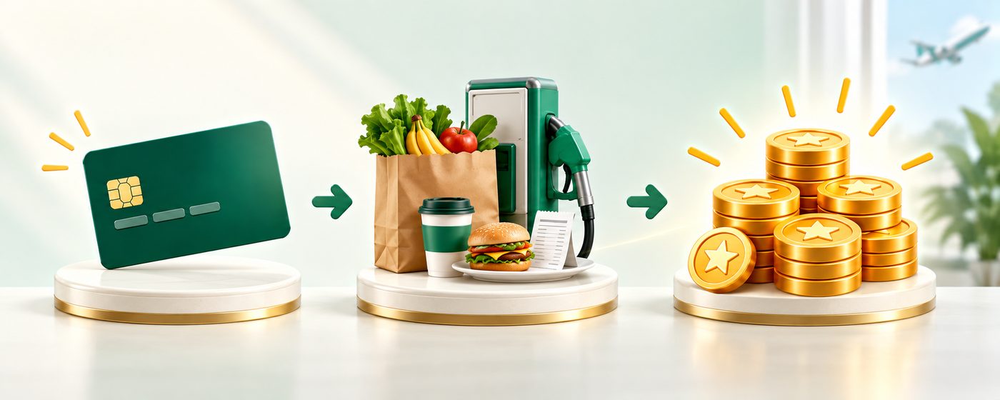 A green credit card, then everyday spending on groceries, gas and a meal, then a big stack of gold points coins