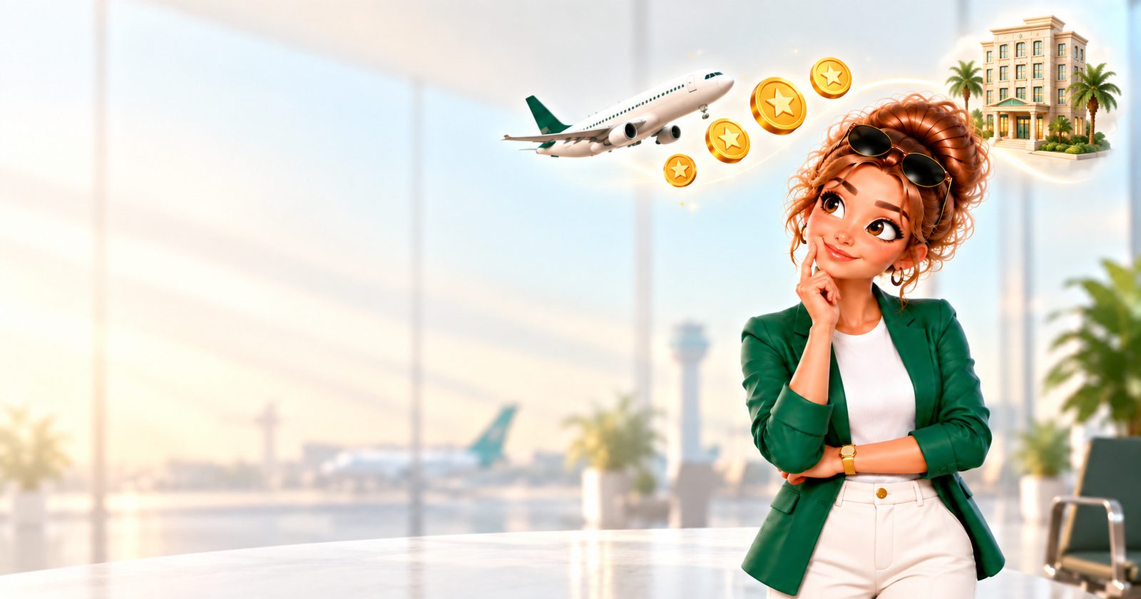 The crazy4points mascot standing in an airport, thinking about a plane, a few gold points coins and a hotel