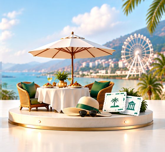 A dinner table under an umbrella, a sun hat and two travel stamps, with a Ferris wheel by the water