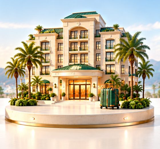 A hotel with palm trees and a suitcase by the door