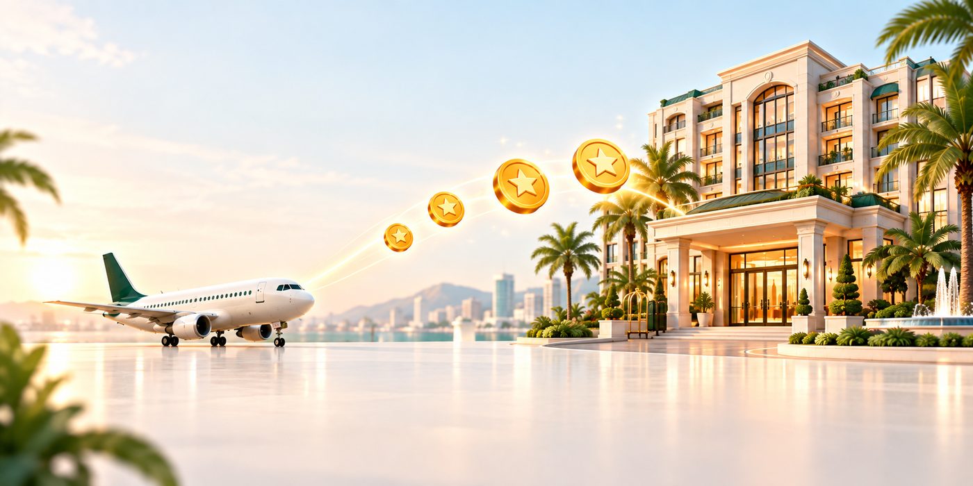 A trail of gold points coins leading from a plane on the runway to a hotel