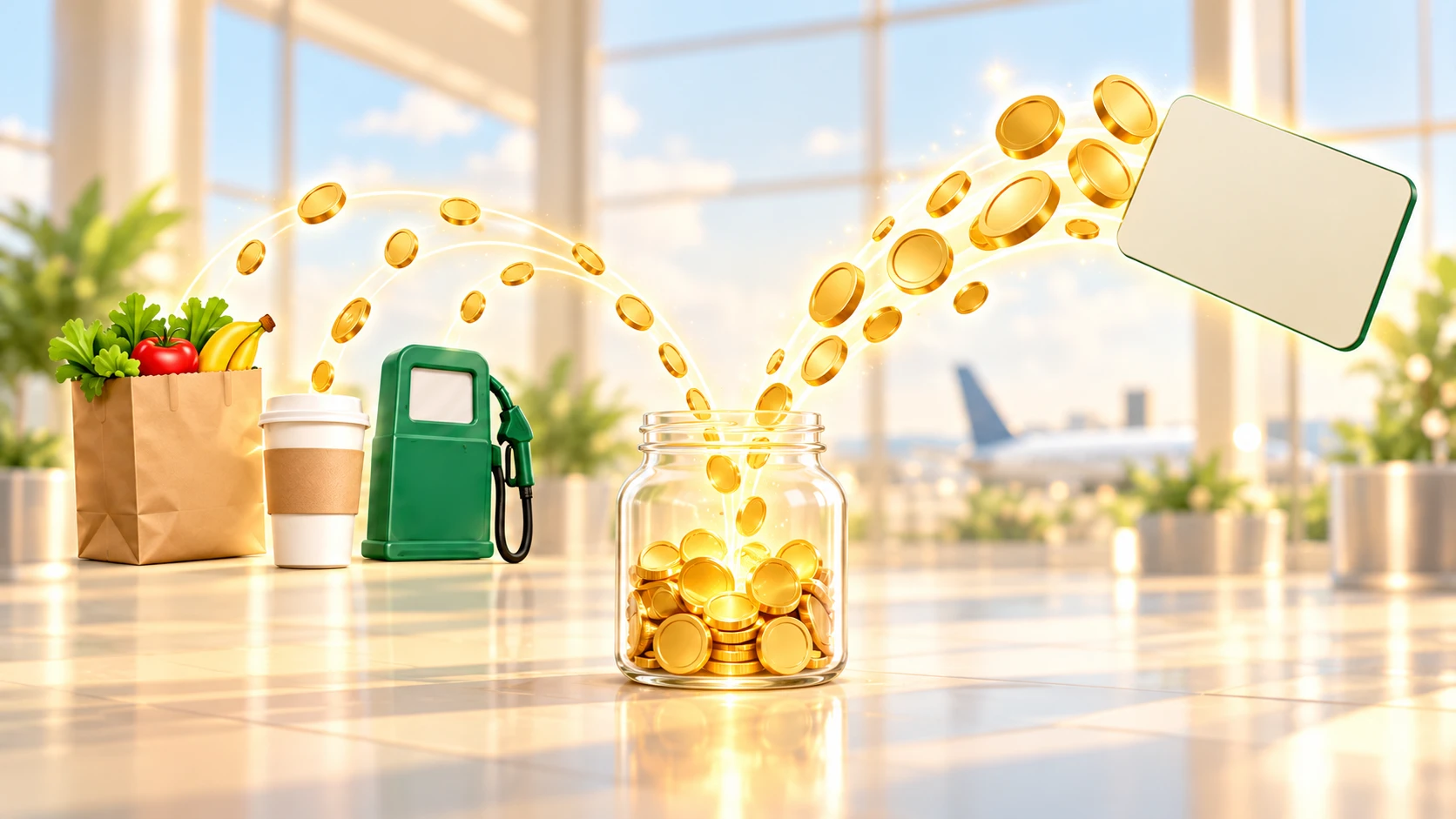 Gold points flowing from a grocery bag, a coffee cup and a fuel pump, and from a plain credit card, into one jar