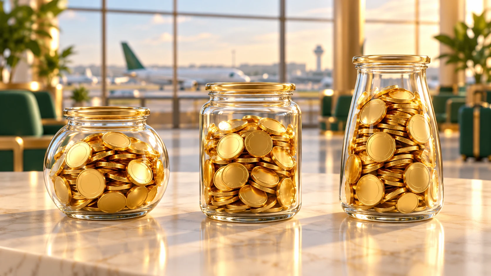 Three separate glass jars of gold coins standing apart from each other